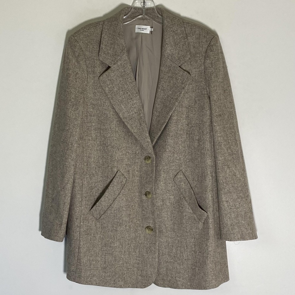 The Reset Blazer Jacket Womens Medium Beige Wool Blend Tweed 3 Button Lined
